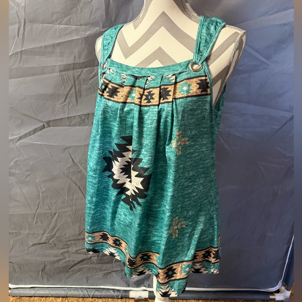 Sleeveless Teal Aztec-Print Tank Top